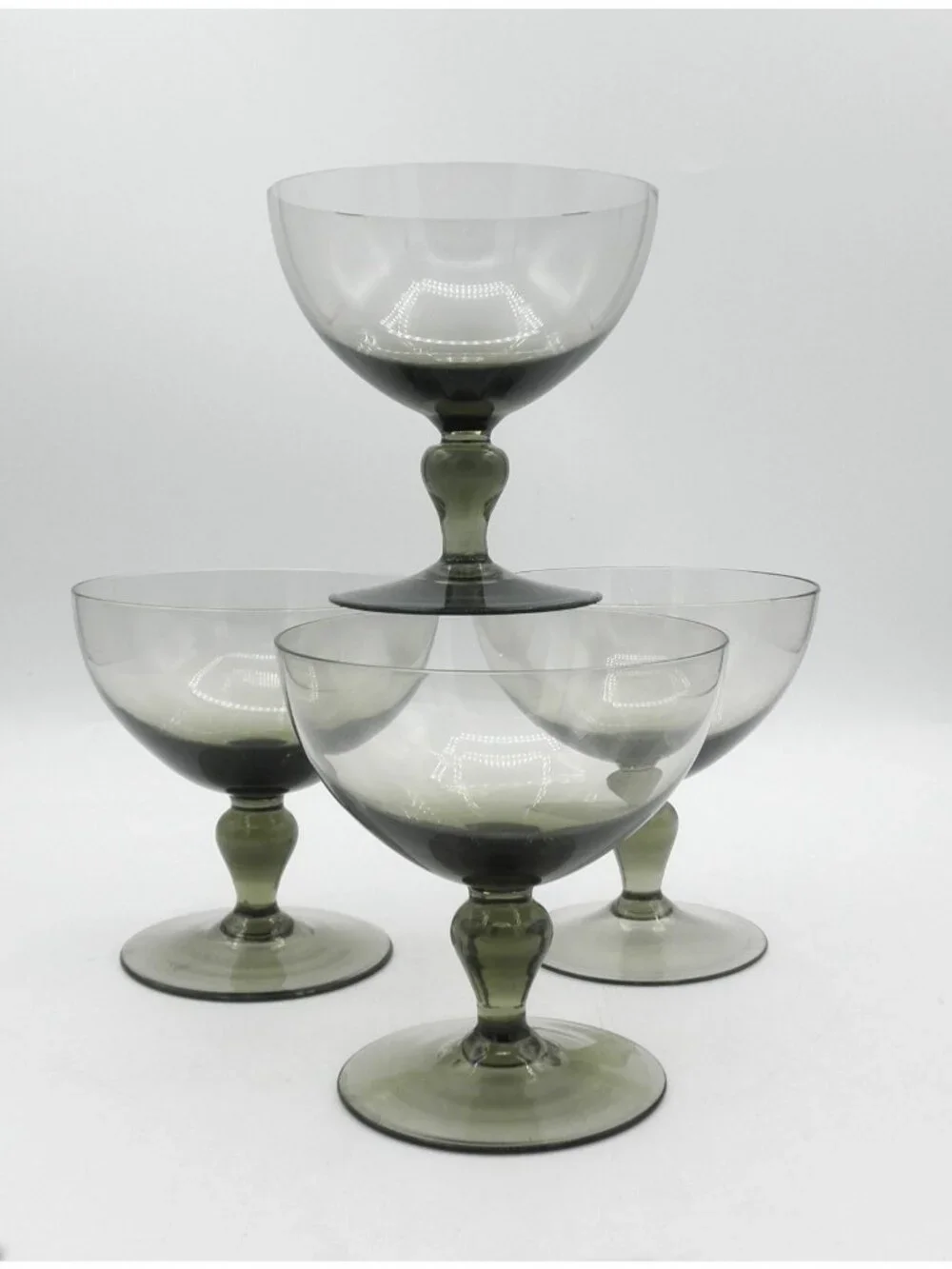 Hand Blown Mexican Crystal Olive Green Taupe Champagne Tall Sherbet Glasses Set